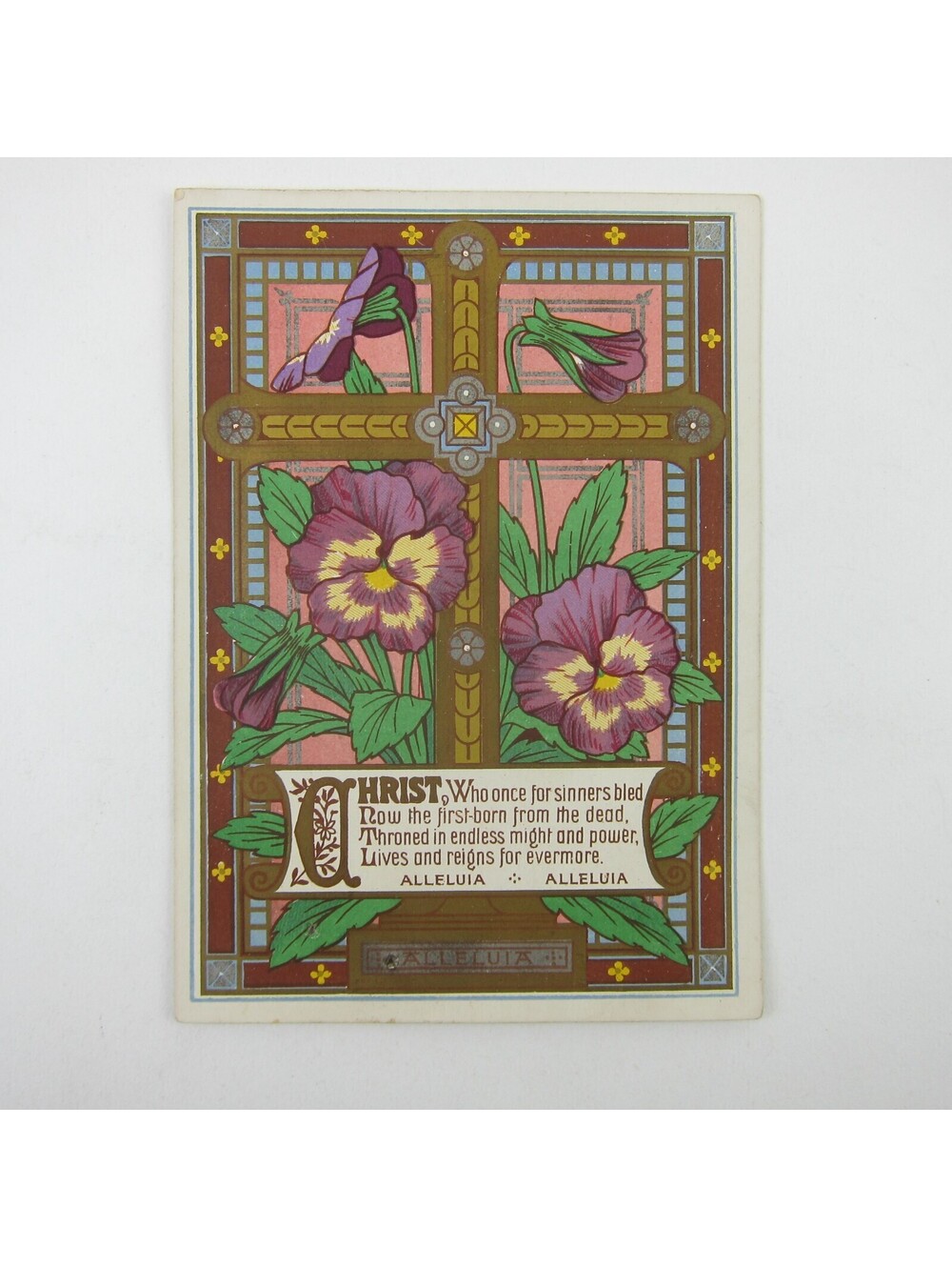 Victorian Greeting Card Easter Purple & Yellow Pansy Flowers Gold Cross Antique